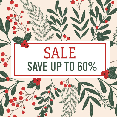 Sale Save up to 60% with illustrated holiday greens and red berries in background