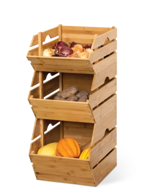 Set of 3 Rolling Wooden Produce Orchard Fruit Display Bins