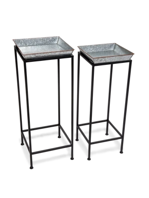 Square Nesting Plant Stands with Galvanized Trays, Set of 2