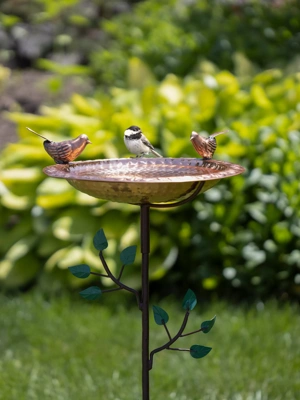 Copper Birdbath with Copper Birds & Tree Garden Pole