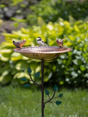 Pure Copper Bird Bath with Two Copper Birds and Tree Multipronged Garden Pole