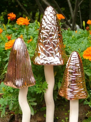 Potting Shed Tinkling Toadstool Sculptures, Set of 3 in Ceramic Copper Finish