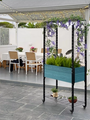 Self-Watering Mobile Elevated Planter with Trellis & Shelf
