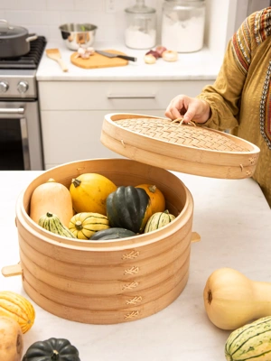 Stackable Bamboo Harvest Storage Basket with Lid