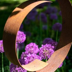 Corten Steel Garden Sculpture with purple flowers in the background