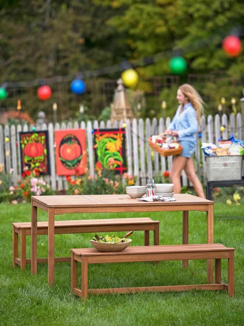 Wood Patio Table Patio Dining Table with 2 Benches Outdoor Dining