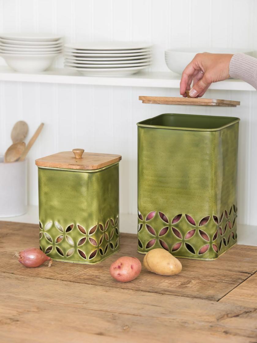 Potato and Onion Storage Set - Green Enameled Metal