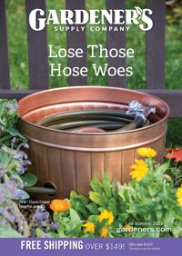 Lose those Hose Woes over host pot in garden bed. Catalog cover.
